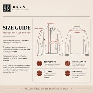 May include: A size guide infographic for a jacket featuring the BRZN logo. It displays front and back line drawings of a jacket with red arrows indicating measurements for body length, sleeve length, shoulder width, and 1/2 chest in inches.