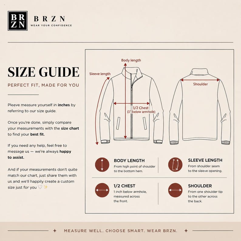 May include: A size guide infographic for a jacket featuring the BRZN logo. It displays front and back line drawings of a jacket with red arrows indicating measurements for body length, sleeve length, shoulder width, and 1/2 chest in inches.