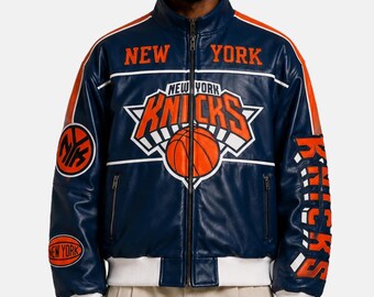 New York Knicks Blue Orange Leather Bomber Jacket, Basketball Streetwear