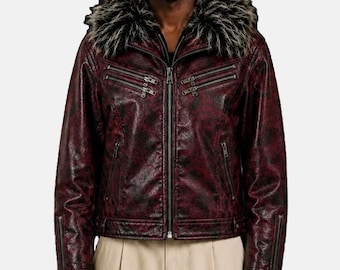 Distressed Burgundy Leather Moto Jacket with Faux Fur Collar