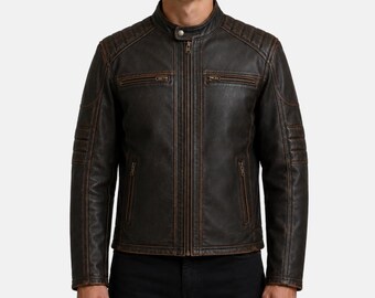 Distressed Brown Leather Biker Jacket | Café Racer Motorcycle Style