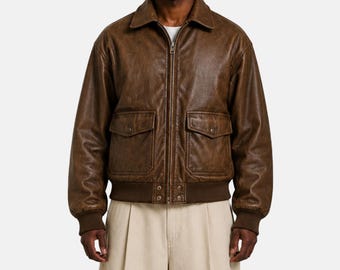 Vintage Brown Bomber Leather Jacket - Classic Men's Streetwear