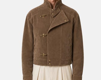 Brown Assymetric Fireman Buckle Mid Crop Suede Chinese Style Jacket