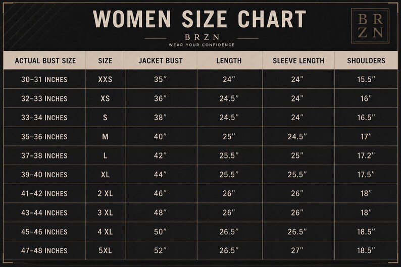 May include: A black size chart titled WOMEN SIZE CHART with the brand name BRZN. The table lists measurements in inches for actual bust size, jacket bust, length, sleeve length, and shoulders across sizes ranging from XXS to 5XL in white text.