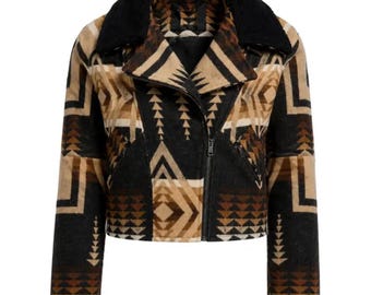 Beth Dutton Aztec Wool Jacket, Western Aviator Style, Shearling Collar (Cosplay)