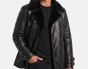 Men's Black Leather Double-Breasted Jacket, Shearling Collar, Gaming Cosplay Coat