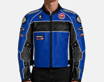 Vintage TEKNIC Blue Leather Motorcycle Jacket | Y2K Racing Biker Moto Coat