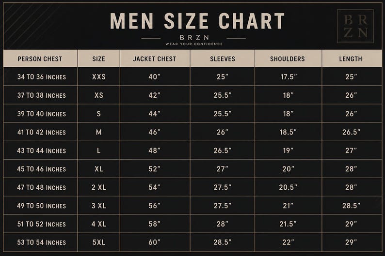 May include: A black and beige size chart for jackets with the title MEN SIZE CHART and the brand name BRZN. The table lists measurements in inches for person chest, jacket chest, sleeves, shoulders, and length across sizes from XXS to 5XL.