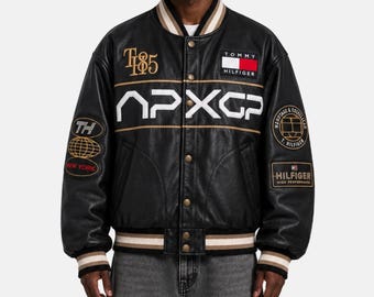 APXGP Black Leather Racing Varsity Jacket - F1 Movie Inspired Bomber