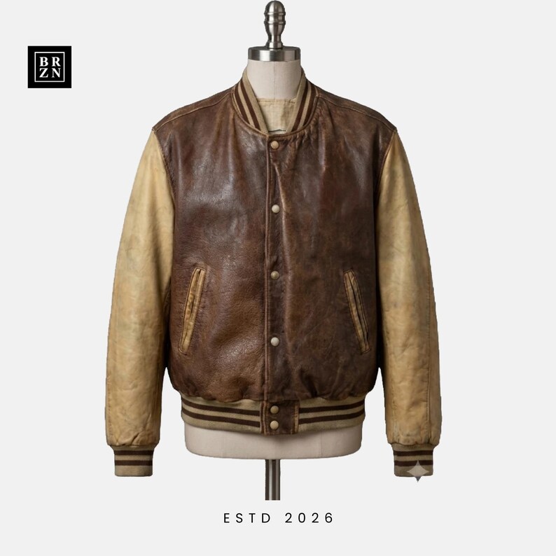 May include: A varsity-style jacket featuring a dark brown leather body and contrasting light tan leather sleeves. It includes a ribbed collar, cuffs, and hem with brown stripes, a snap-button front closure, and two side pockets. The text BR ZN and ESTD 2026 appear.