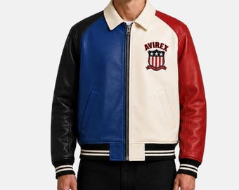 Genuine Sheep Leather Avirex Varsity Jacket | Vintage Colorblock Bomber, Retro Streetwear Coat