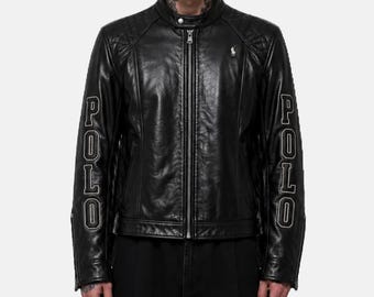 Men's Black Embroidered Leather Biker Jacket – POLO Streetwear Style