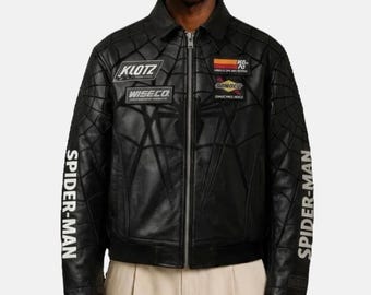 Spider-Man Black Leather Jacket with Web Detail and Patches