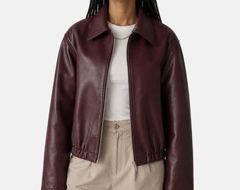 Burgundy Oversized Leather Bomber Jacket – Minimalist Vintage Zip-Up