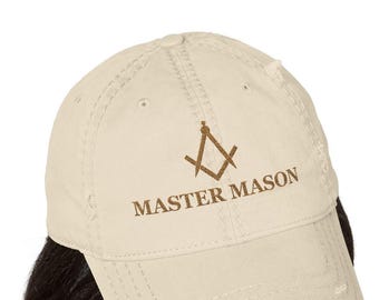 Master Mason Embroidered Distressed Dad Hat, Square and Compass Cap, Freemason Gift for Lodge Brother, Adjustable Masonic Hat