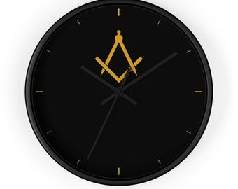 Masonic Wall Clock, Gold Square & Compass Freemason Lodge Office Decor