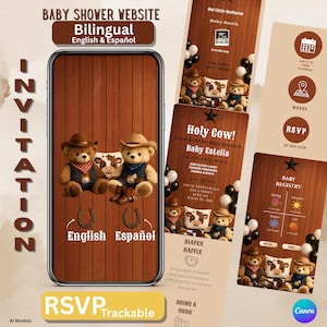 Plantilla bilingüe de invitación para baby shower con temática de osito de peluche, invitación digital interactiva de estilo occidental, descarga instantánea editable en Canva.