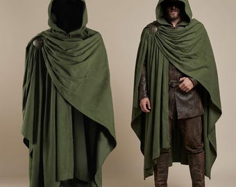 Cape médiévale à capuche | Cape Renaissance avec broche ajustable | Costume en velours côtelé pour reconstitution historique | Cape pour GN fantastique