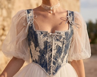 Top azul vintage con cordones y estampado floral / Corpiño tipo corsé / Top bustier medieval renacentista