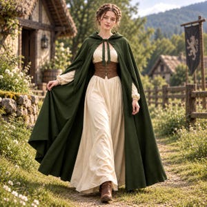 Könnte beinhalten: Ein bodenlanger, dunkelgrüner Kapuzenumhang über einem cremefarbenen Langarmkleid mit einem braunen Korsett-Oberteil, das vorne mit Metallverschlüssen versehen ist. Der Umhang wird am Hals mit passenden grünen Stoffbändern gebunden und fällt locker.