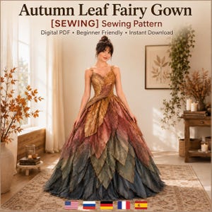 Op de afbeelding: Een digitaal PDF-naaipatroon getiteld Autumn Leaf Fairy Gown. De japon heeft een lijfje en een wijde rok opgebouwd uit gelaagde, overlappende bladvormige stoffen panelen in een herfstkleurverloop, variërend van goud naar rood tot donkerblauw.