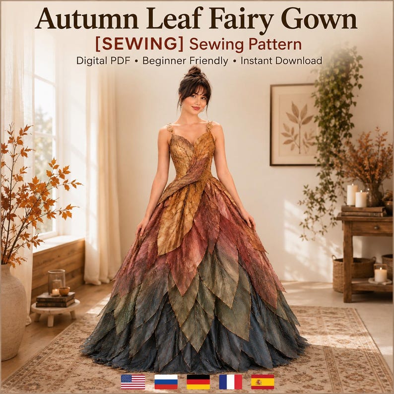 May include: A digital PDF sewing pattern titled Autumn Leaf Fairy Gown. The gown features a bodice and full skirt constructed from layered, overlapping leaf-shaped fabric panels in a gradient of autumn colors, transitioning from gold to red to dark blue.