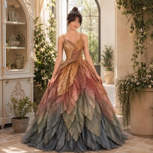 May include: A floor-length gown featuring a bodice and skirt constructed from layered, overlapping fabric leaves in a gradient of colors, transitioning from warm golden-brown at the top to deep forest green and charcoal gray at the hem.