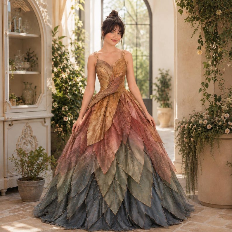 May include: A floor-length gown featuring a bodice and skirt constructed from layered, overlapping fabric leaves in a gradient of colors, transitioning from warm golden-brown at the top to deep forest green and charcoal gray at the hem.