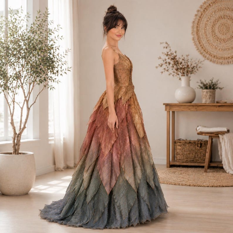 May include: A floor-length gown featuring a bodice and skirt constructed from layered, leaf-shaped fabric panels. The dress displays a gradient color transition, starting with golden-brown at the top, shifting to muted rose, and ending in deep forest green at the hem.