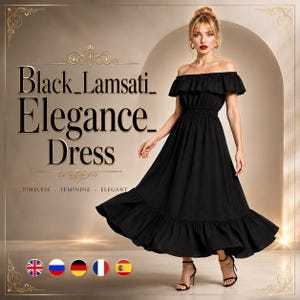 May include: A black off-the-shoulder midi dress with a ruffled neckline and a ruffled hemline. The text Black_Lamsati_Elegance_Dress is visible on the left side, along with the words TIMELESS, FEMININE, and ELEGANT below the main title text.