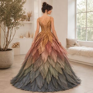 May include: A floor-length gown featuring a bodice with a lace-up back and a voluminous skirt constructed from layered, leaf-shaped fabric panels. The dress displays a gradient color transition from golden yellow at the top to pink, sage green, and dark grey at the hem.