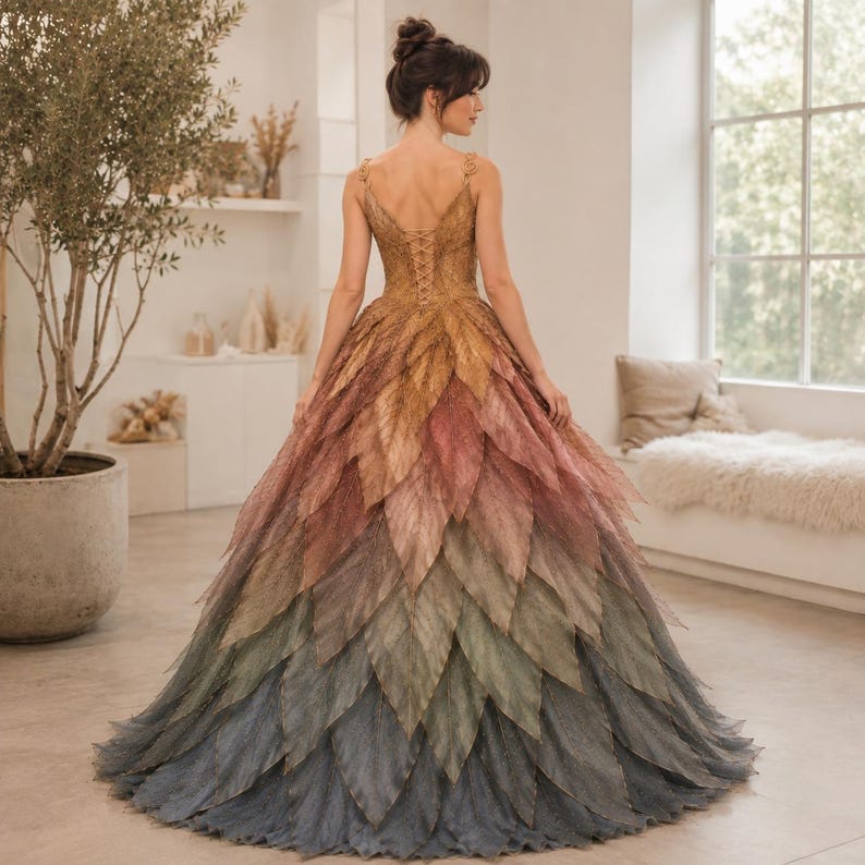 May include: A floor-length gown featuring a bodice with a lace-up back and a voluminous skirt constructed from layered, leaf-shaped fabric panels. The dress displays a gradient color transition from golden yellow at the top to pink, sage green, and dark grey at the hem.