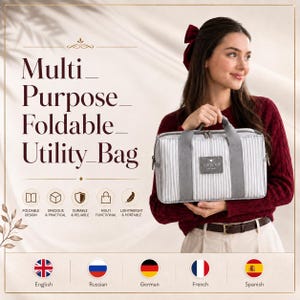 May include: A rectangular utility bag featuring a light grey and white vertical striped pattern with solid grey handles and a central rectangular patch labelled Carry All. The bag includes a zippered closure and is presented with text detailing features.