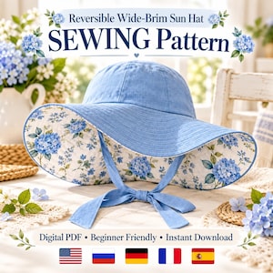 May include: A reversible wide-brim sun hat sewing pattern featuring a solid light blue exterior and a white interior with a blue hydrangea floral print. The hat includes a tie closure. Text reads: Reversible Wide-Brim Sun Hat SEWING Pattern.