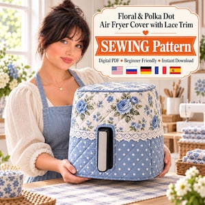 May include: A digital PDF sewing pattern for a quilted air fryer cover featuring a blue and white floral print on the top section and a blue and white polka dot print on the bottom, accented with a white lace trim and a black handle cutout.