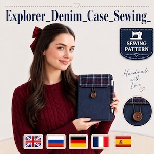 May include: A dark blue denim case with a plaid flap featuring a brown button closure and a side pen loop. The case is labeled Explorer_Denim_Case_Sewing and includes a sewing pattern badge. The design includes a circular detail of the button.