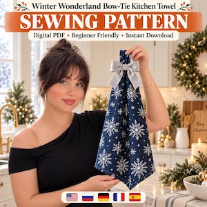 Puede incluir: Un patrón de costura digital para un paño de cocina Winter Wonderland Bow-Tie. El diseño presenta una tela azul marino con un patrón de copos de nieve blancos, acentuado por una pajarita plateada en la parte superior. El texto dice Winter Wonderland Bow-Tie Kitchen Towel.