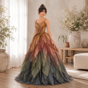 May include: A floor-length gown featuring a bodice and skirt constructed from layered, leaf-shaped fabric panels. The dress displays a gradient color palette transitioning from warm golden-brown at the top to deep forest green and slate gray at the hem.