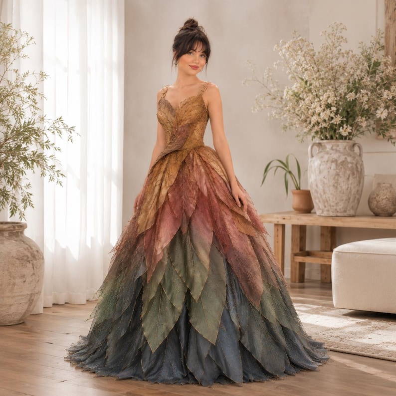 May include: A floor-length gown featuring a bodice and skirt constructed from layered, leaf-shaped fabric panels. The dress displays a gradient color palette transitioning from warm golden-brown at the top to deep forest green and slate gray at the hem.