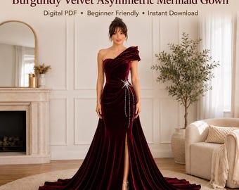 May include: A burgundy velvet mermaid gown featuring an asymmetric one-shoulder neckline, a high side slit, and a star-shaped crystal embellishment at the waist. The text reads [SEWING] Pattern Burgundy Velvet Asymmetric Mermaid Gown.