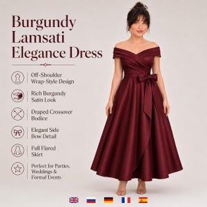 May include: A burgundy dress featuring an off-shoulder wrap-style design, a draped crossover bodice, and a full flared skirt. The garment includes a side bow detail at the waist. Text on the image reads: Burgundy Lamsati Elegance Dress.