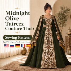 Puede incluir: Un patrón de costura PDF digital para un Midnight Olive Tatreez Couture Thob. La prenda es un vestido largo hasta el suelo de color verde oliva oscuro con un panel central y mangas estilo capa adornadas con intrincados bordados geométricos.