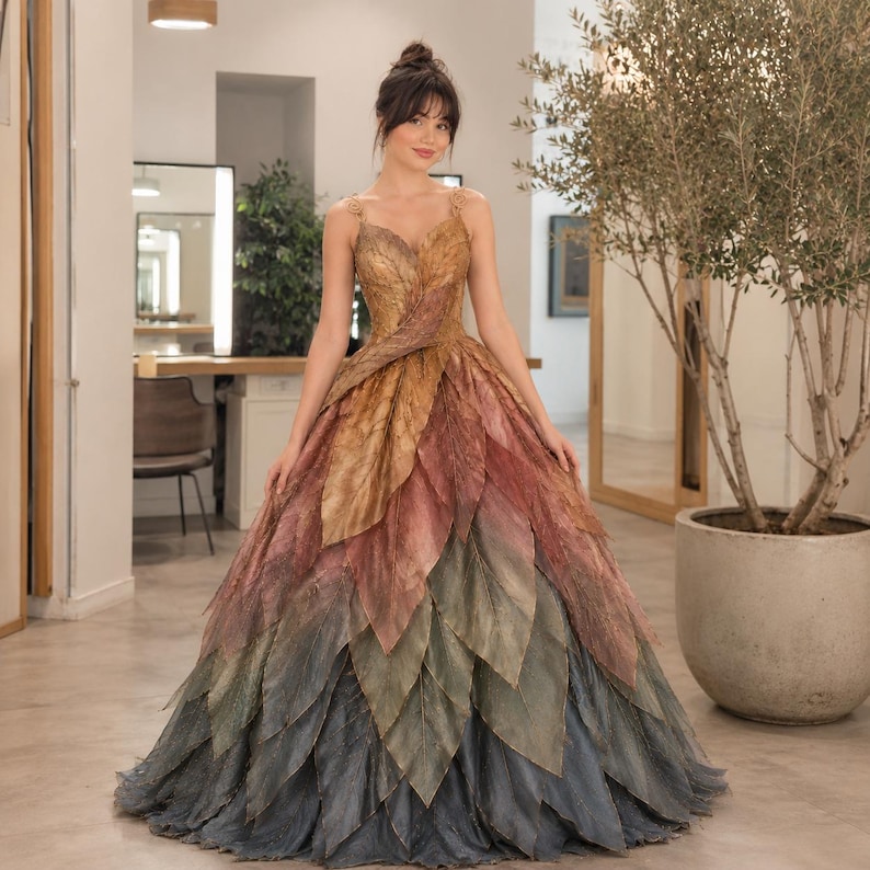 May include: A floor-length gown featuring a bodice and skirt constructed from layered, leaf-shaped fabric panels. The color palette transitions from golden yellow at the top, through shades of rust and muted red, to dark charcoal gray at the hem.