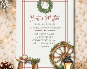 May include: A rectangular invitation card featuring a red-lined border, a green wreath, and text reading Boots & Mistletoe A Country Christmas Celebration. Illustrations include a cowboy hat on a stool, a boot, and a wagon wheel with a lantern.