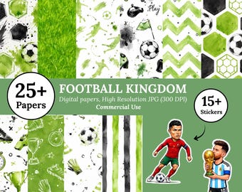 Könnte beinhalten: Eine digitale Sammlung mit dem Titel FOOTBALL KINGDOM, die über 25 Papiere und 15 Aufkleber mit Fußballmotiven enthält. Die Muster zeigen Fußbälle, Trophäen, Grasstrukturen und Zickzackstreifen. Zwei Fußballspieler sind als Sticker abgebildet.