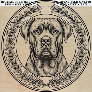 Puede incluir: Un archivo gráfico digital que presenta una ilustración detallada en líneas negras de una cabeza de perro centrada dentro de un marco circular de corona de laurel. El texto DIGITAL FILE ONLY!!! SVG • DXF • PNG aparece arriba.