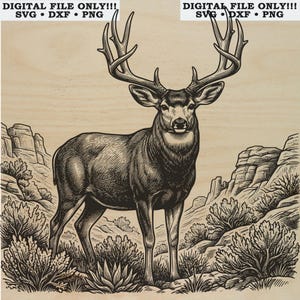 May include: A digital graphic file featuring a detailed black line art illustration of a large buck with prominent antlers standing in a desert landscape with rock formations and shrubs. The text DIGITAL FILE ONLY!!! SVG • DXF • PNG is visible.