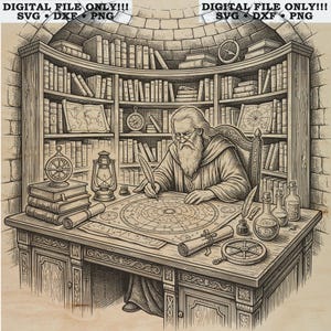 Arcane Wizard in Celestial Study Woodcut Laser Engraving Vector File | SVG DXF PNG