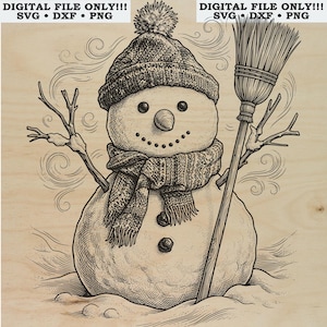 Winter Snowman Laser Engraving File | Christmas Holiday SVG DXF PNG | Knitted Scarf Woodcut Cut File for LightBurn Makers