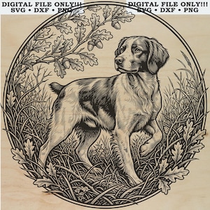 May include: A circular black and white digital illustration featuring a dog standing in tall grass under an oak branch with acorns. The text DIGITAL FILE ONLY!!! SVG DXF PNG is visible at the top. The design uses detailed line work.